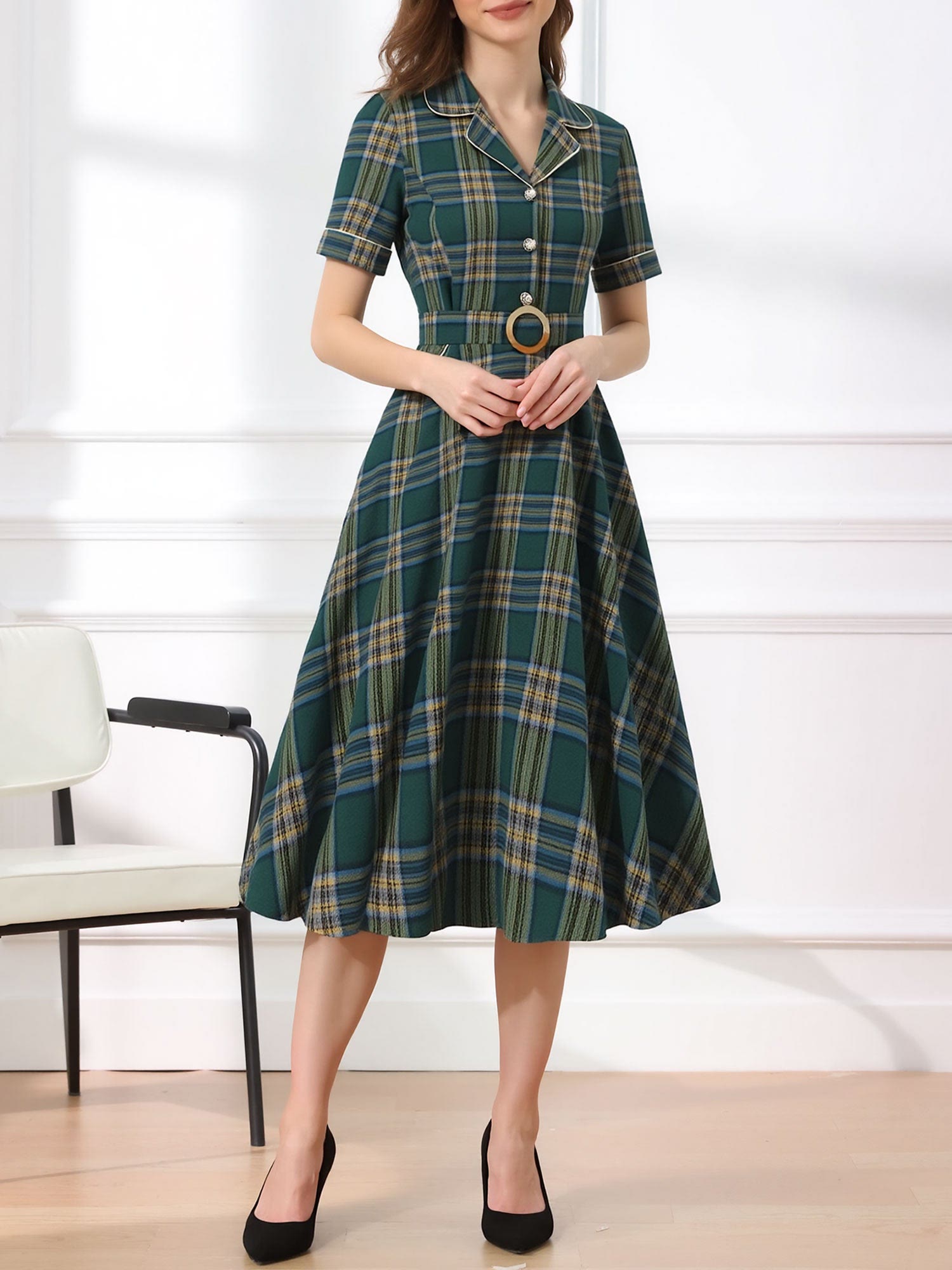 Plaid belted A-line in a cotton blend