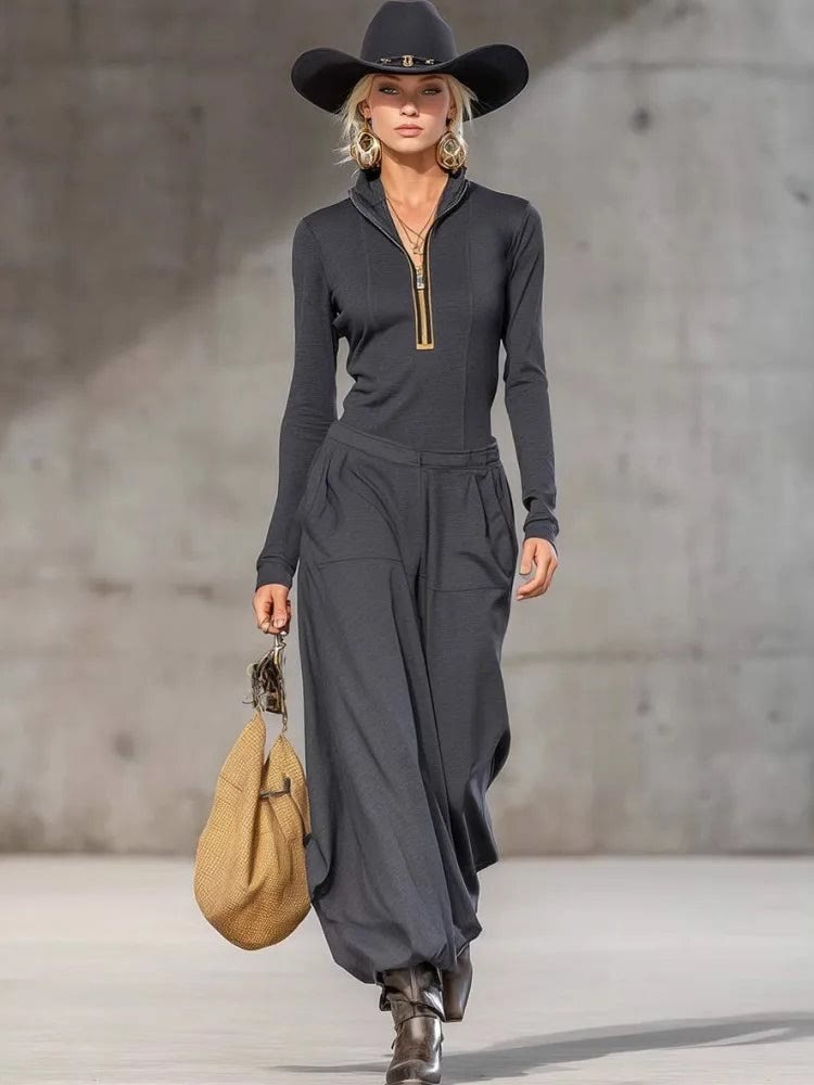 Zip-neck set with wide trousers