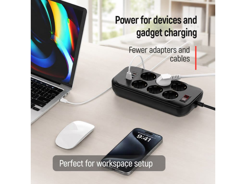 Six-socket power strip with USB