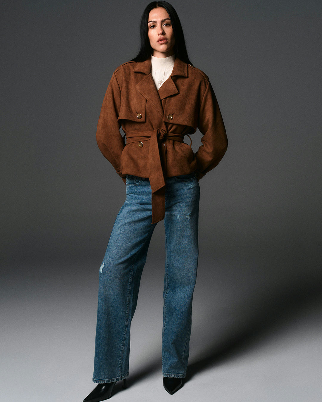 Cropped belted trench with wide-leg jeans