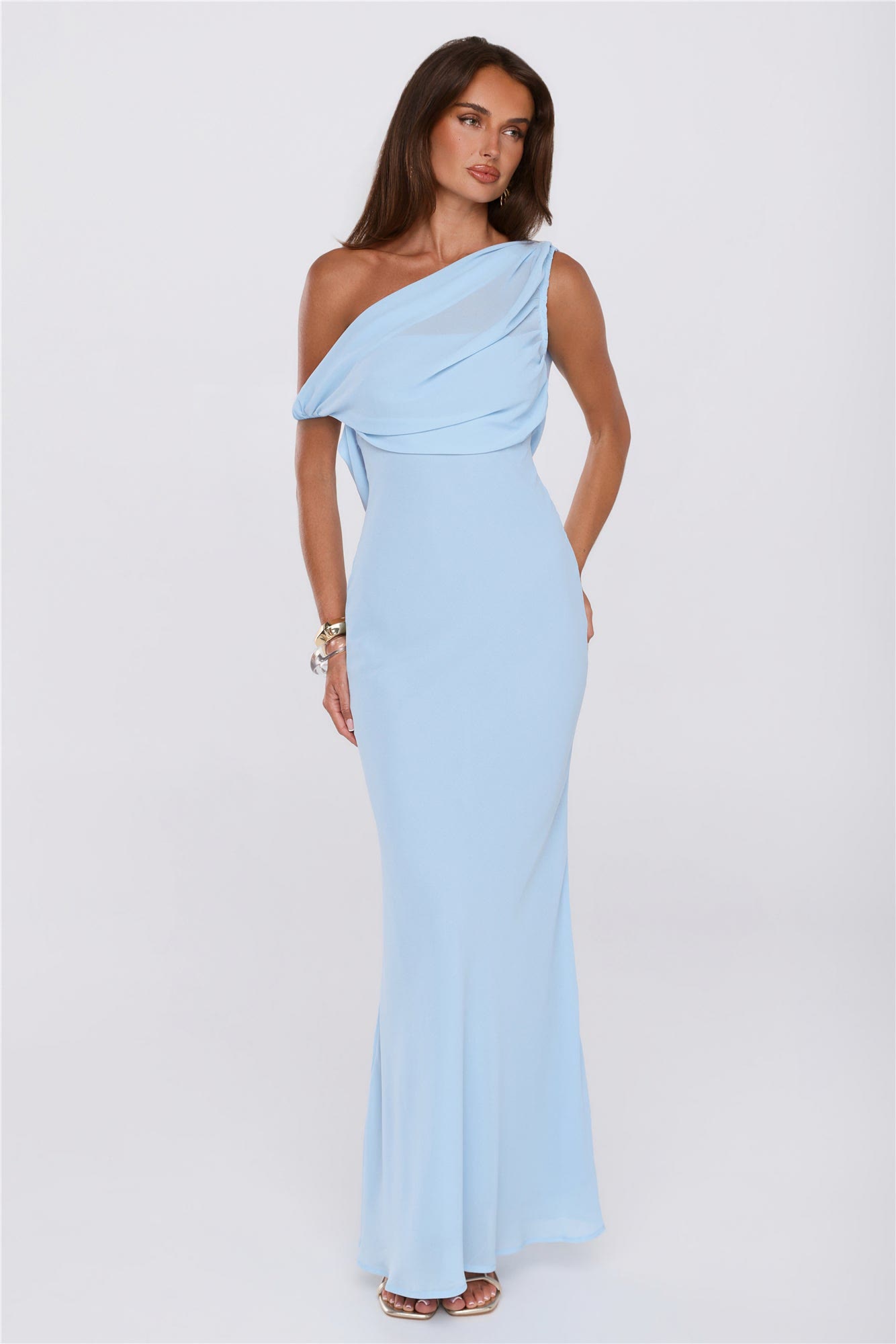 One-shoulder gown in pale blue