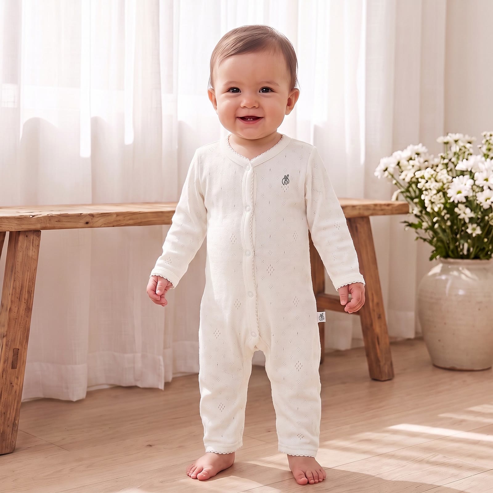 Mushmellow pointelle front-open sleepsuit