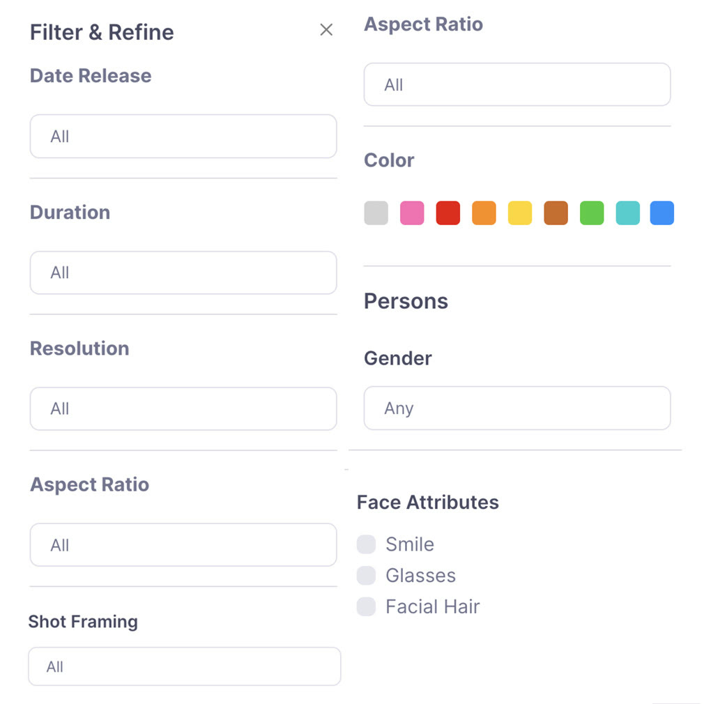 Filter by colour, ratio and shot framing