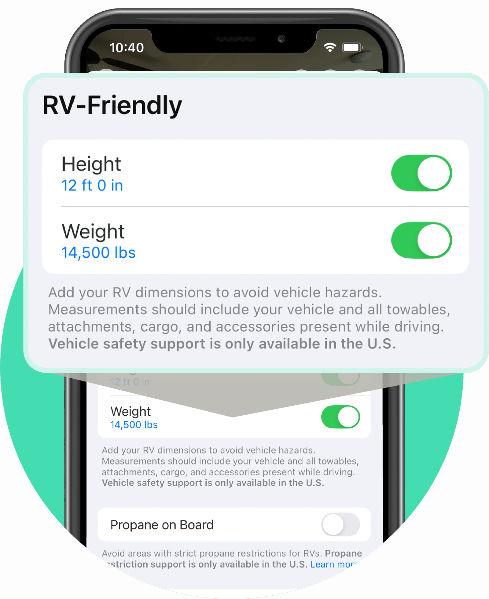 RV-friendly routing by height and weight