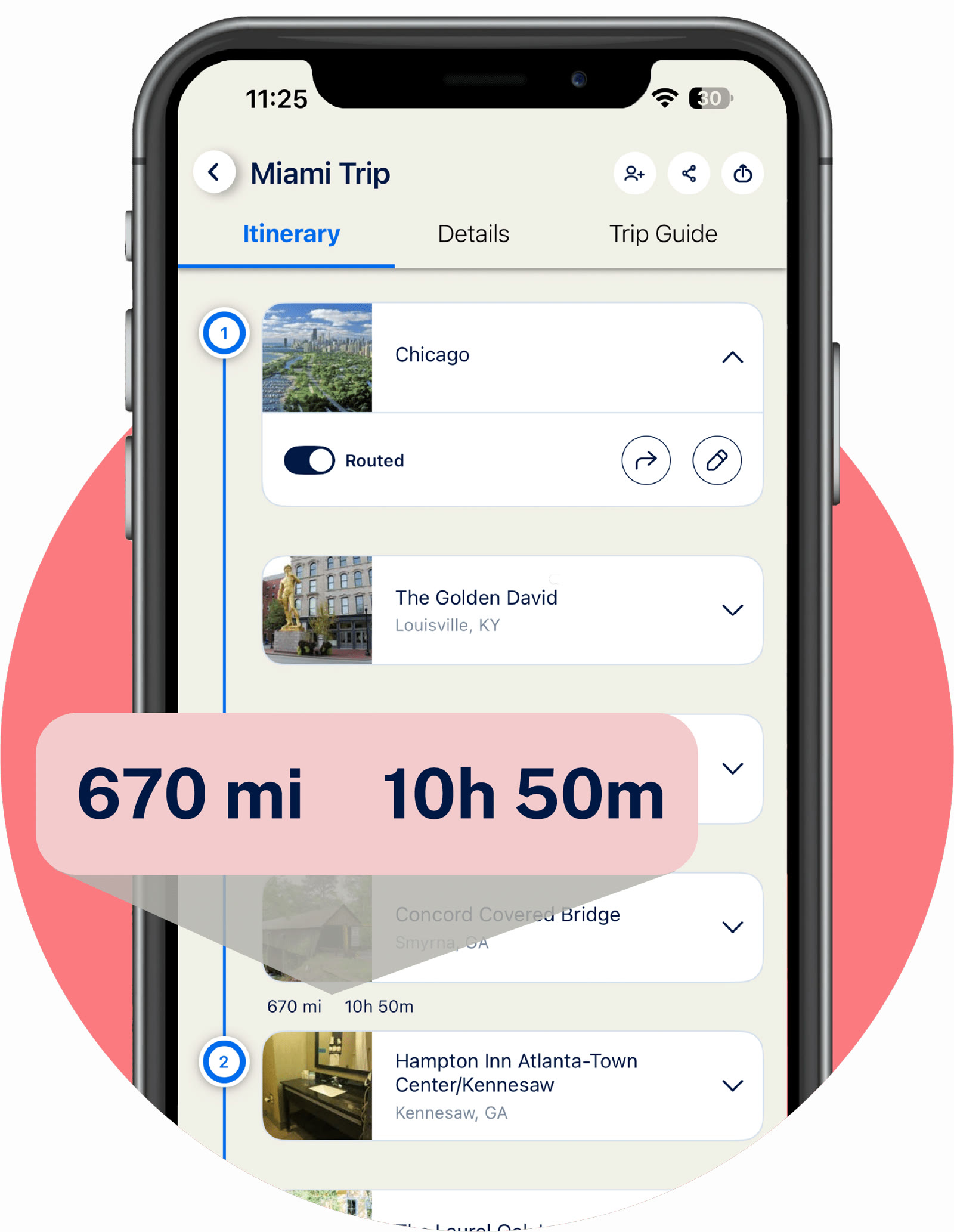 An itinerary with distance and drive time