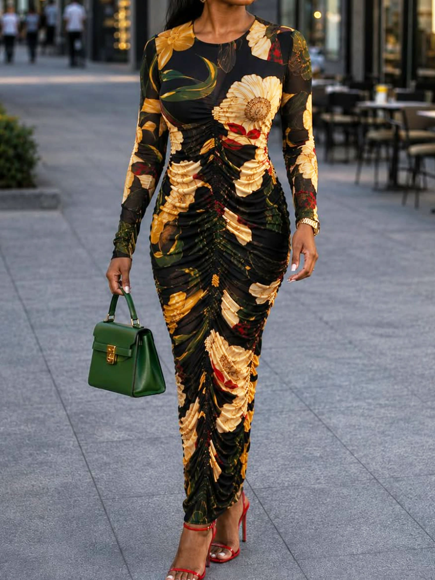 Floral ruched long-sleeve dress