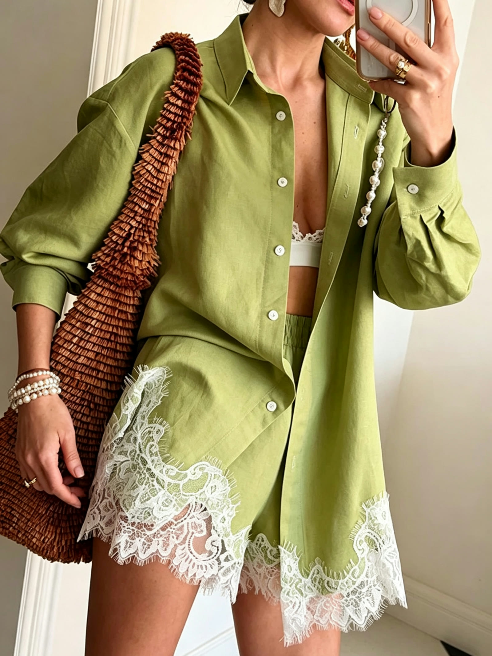 Olive shirt and lace-trim shorts