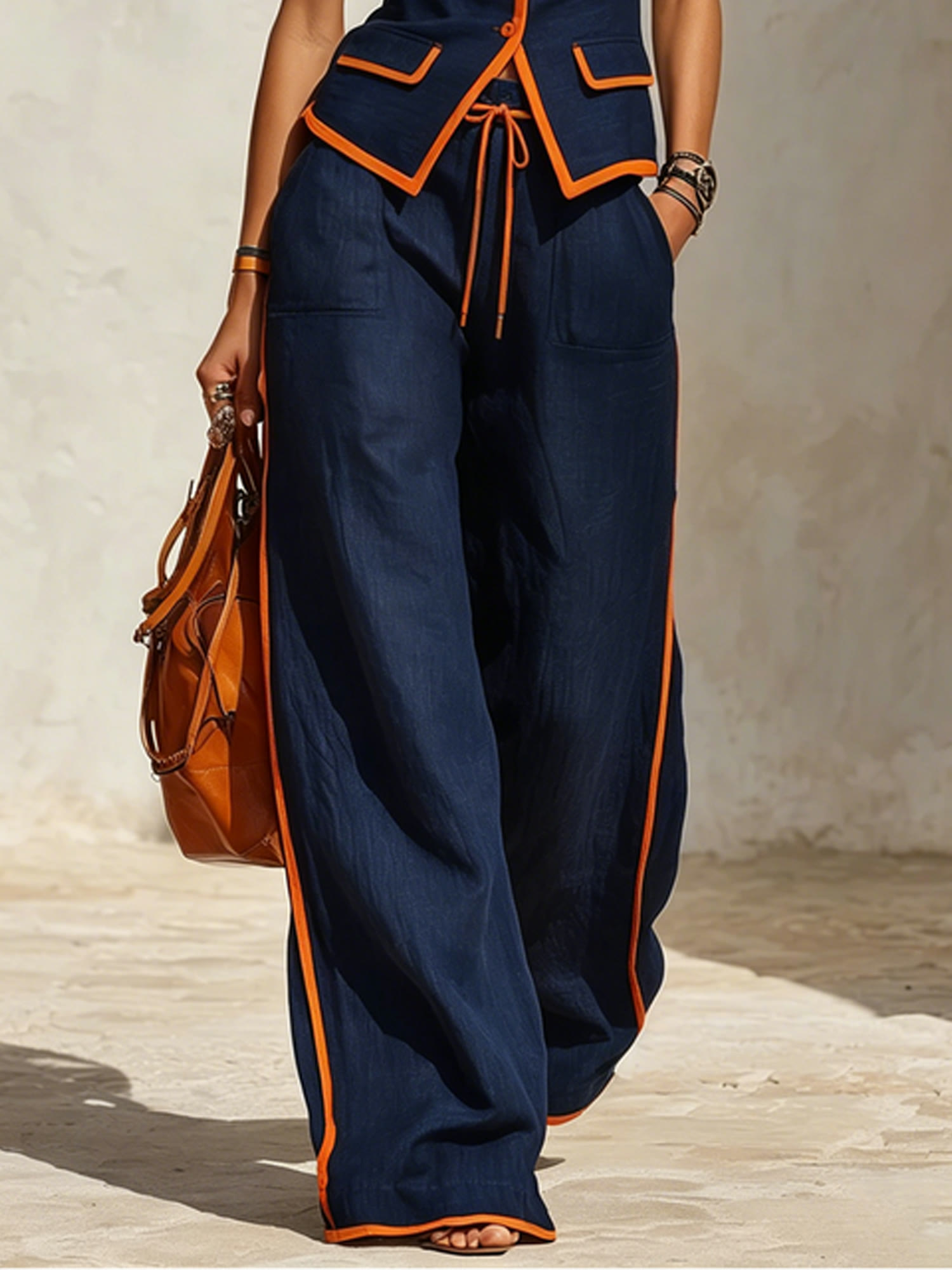 Wide-leg trousers with orange piping
