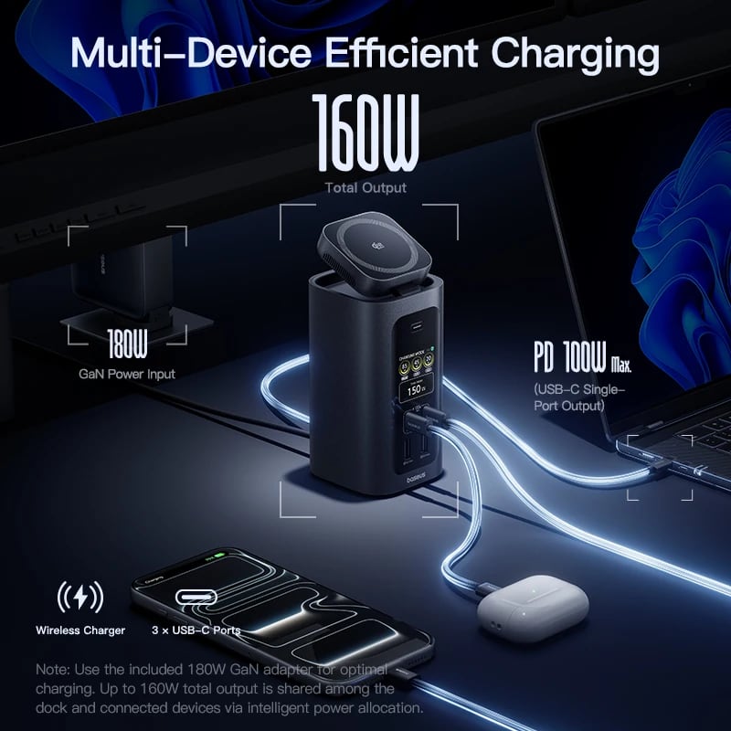 Charging a laptop, phone and earbuds together