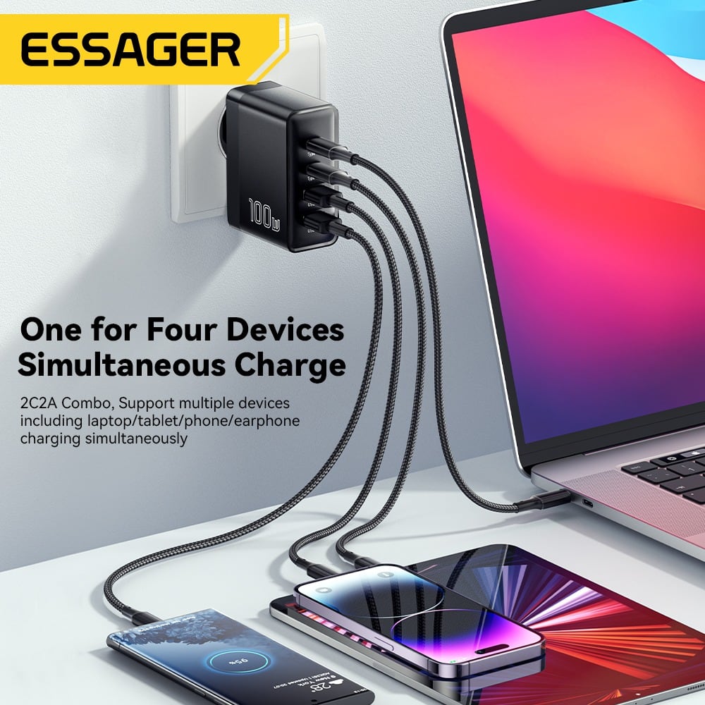 Cargando portátil, tableta, móvil y auriculares