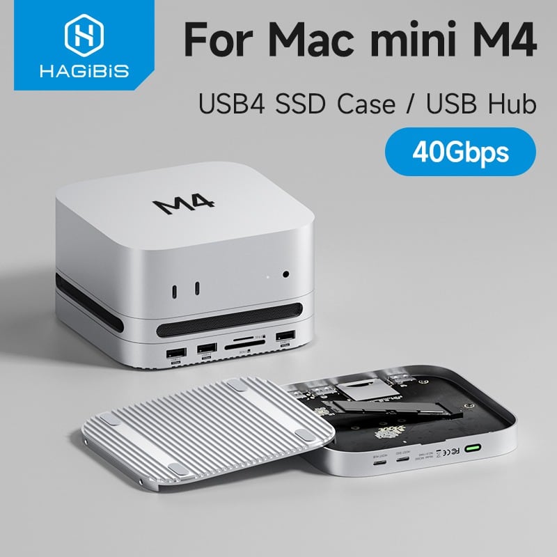Mac mini M4 下的扩展坞和打开的硬盘盖