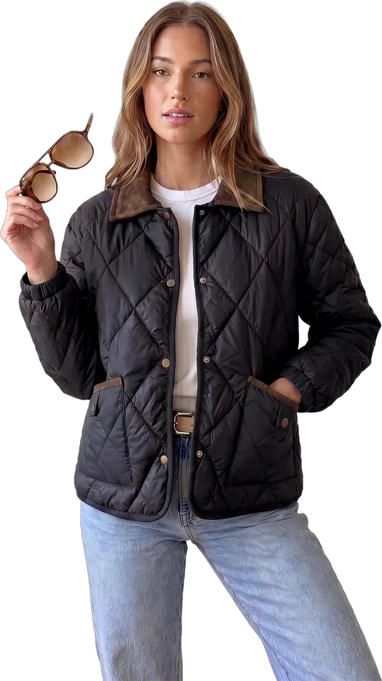 Diamond-quilted contrast collar jacket