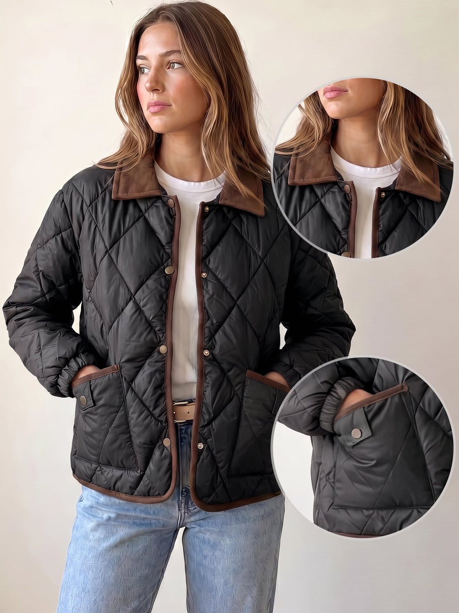 De frente con detalles del cuello y el bolsillo
