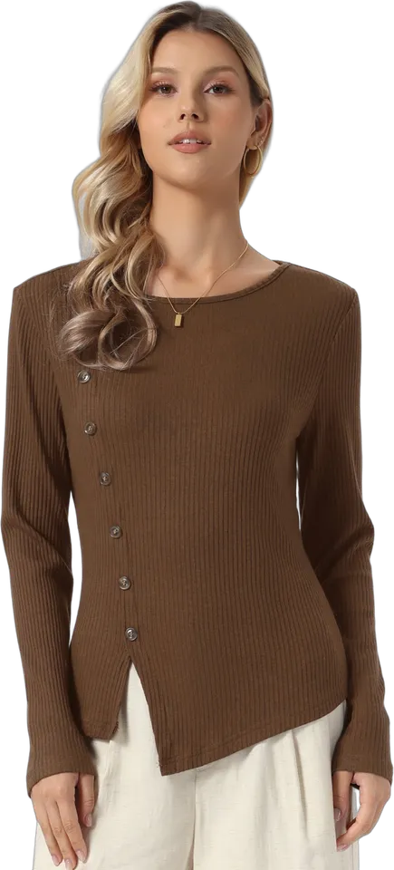 Asymmetric button rib knit top