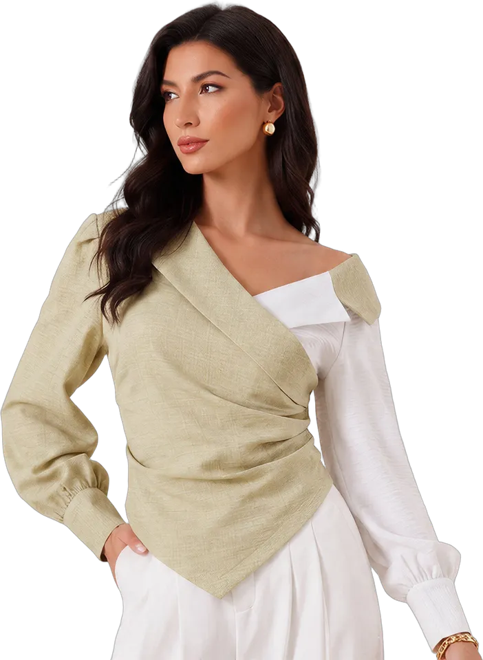 Asymmetric colourblock ruched blouse