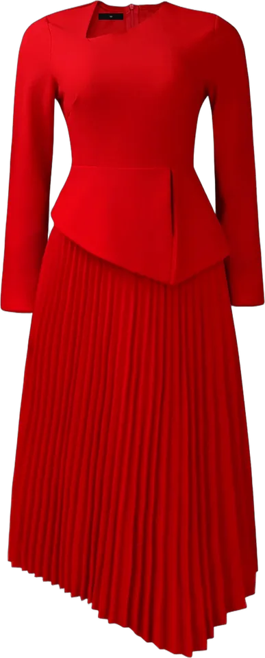Asymmetric hem pleated long sleeve dress