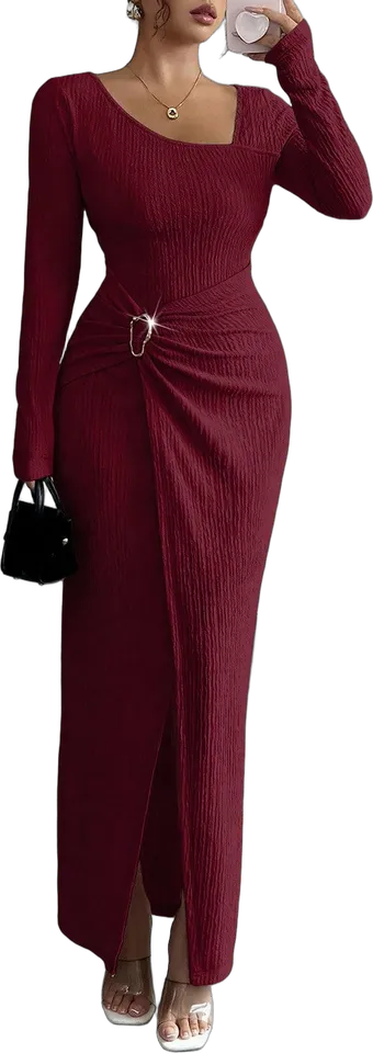 Asymmetric neck ruched slit maxi dress