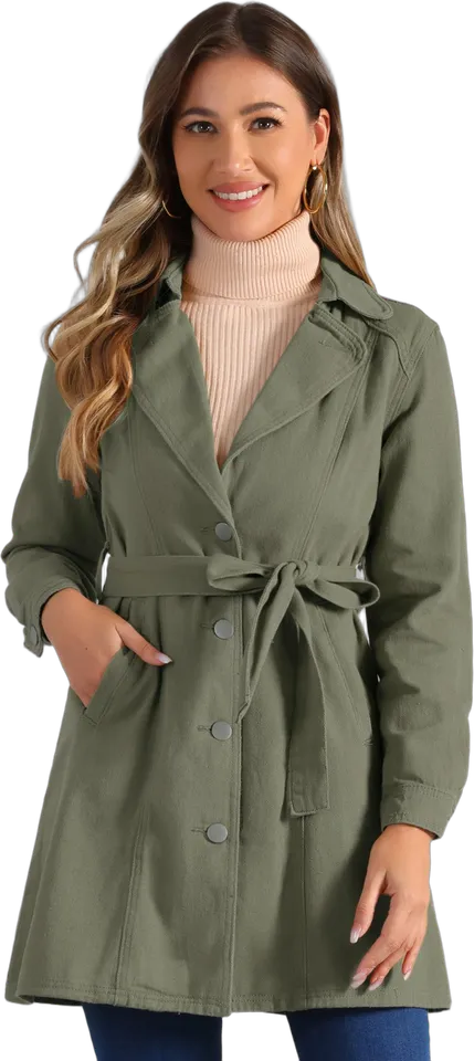Belted long denim trench jacket