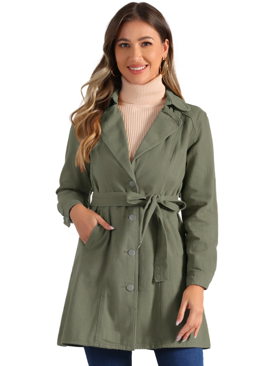 Front view, army green jacket with the belt tied