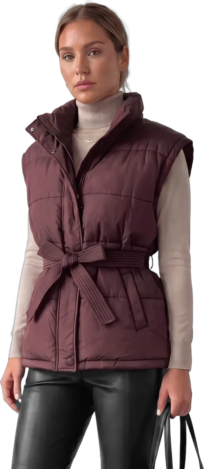 Belted stand collar puffer vest