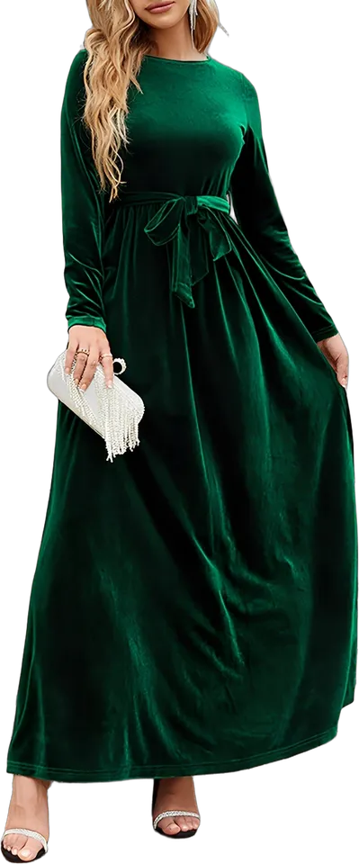 Belted velvet crew neck maxi dress