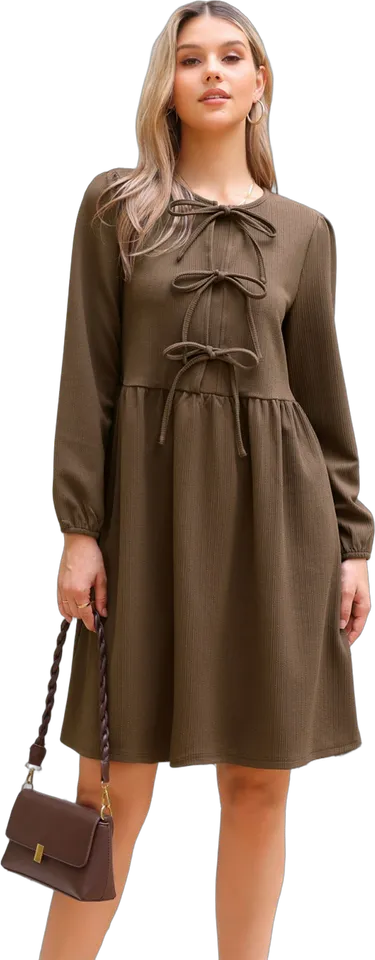 Bow tie front puff sleeve babydoll dress