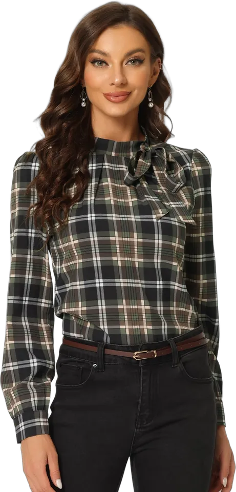 Bow tie neck plaid blouse