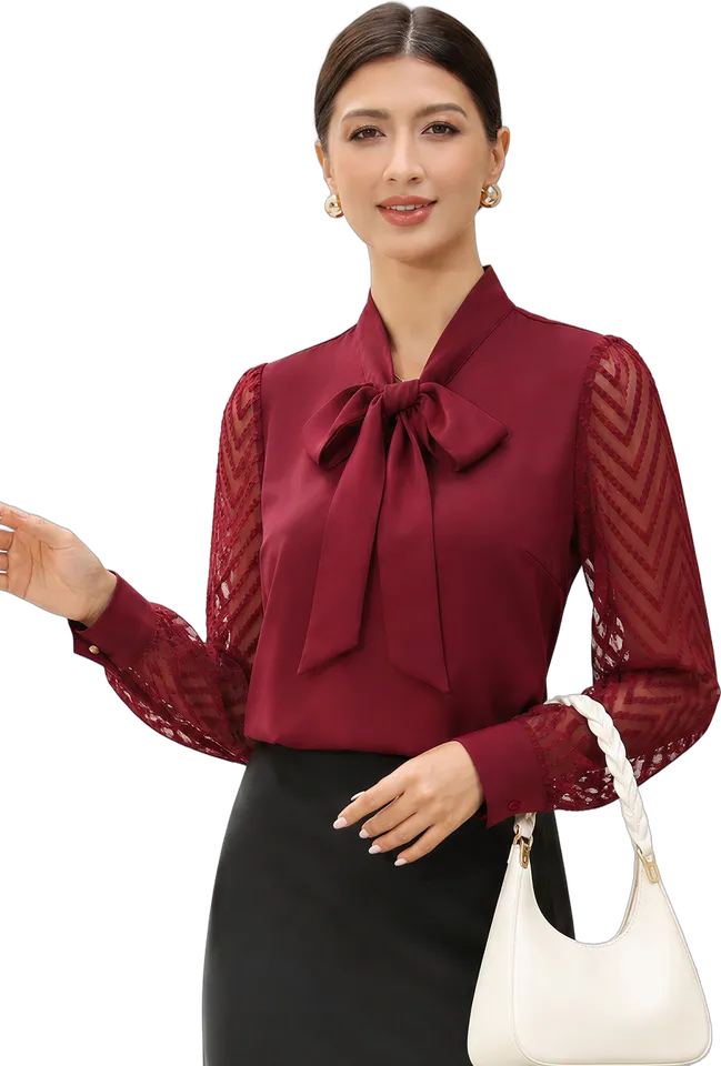 Bow tie neck sheer sleeve blouse