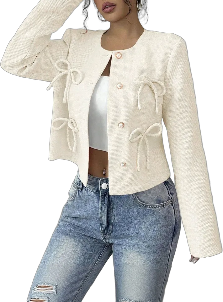 Bow trim collarless cropped jacket