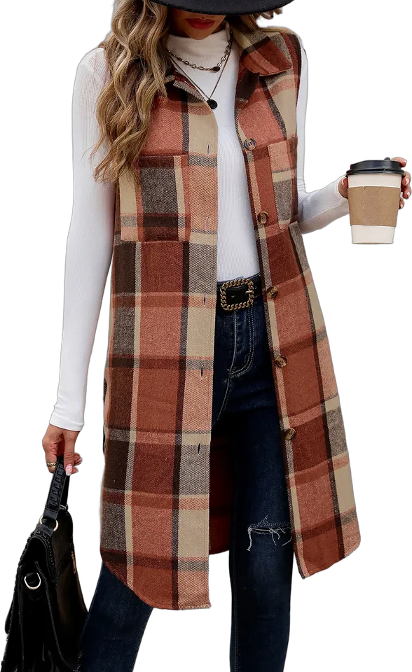 Brushed plaid long vest