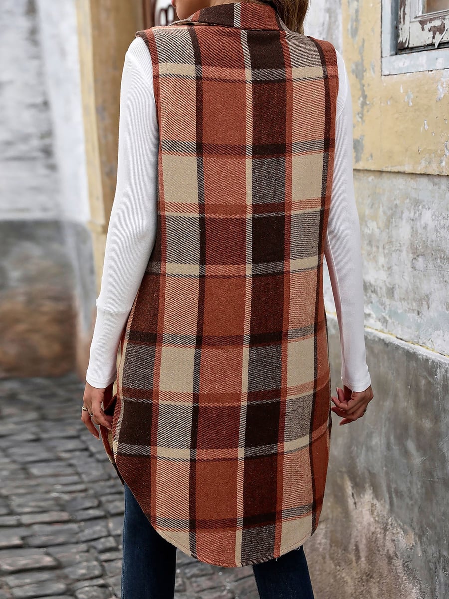 Back view in orange plaid