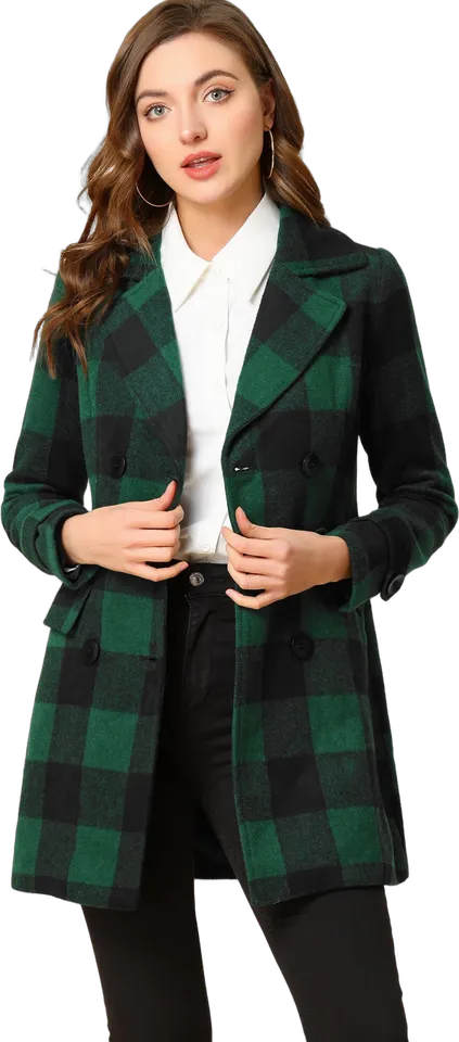 Buffalo check double-breasted pea coat