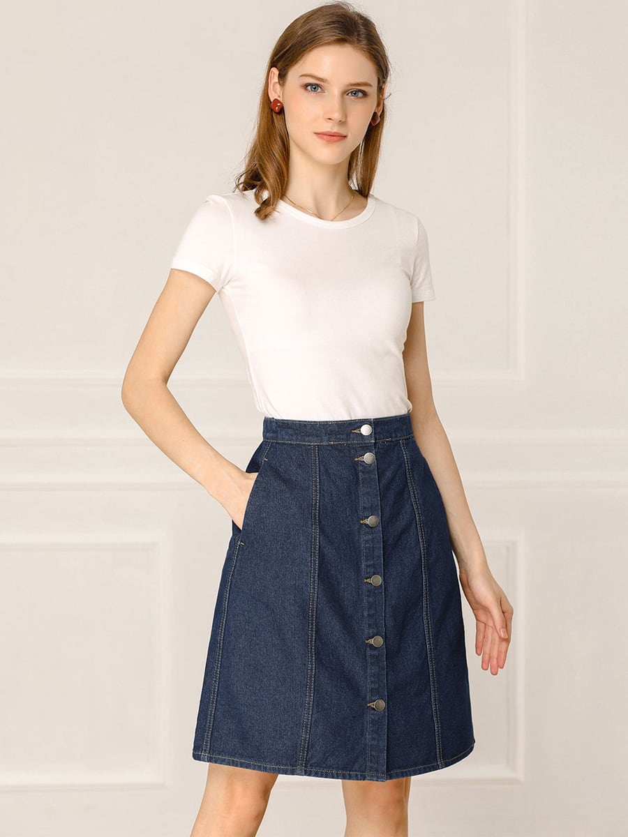 Front view in dark blue denim