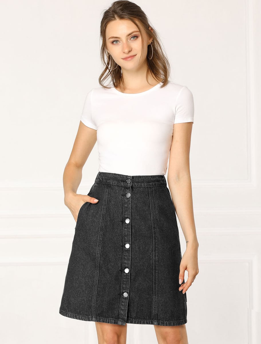Front view in black denim