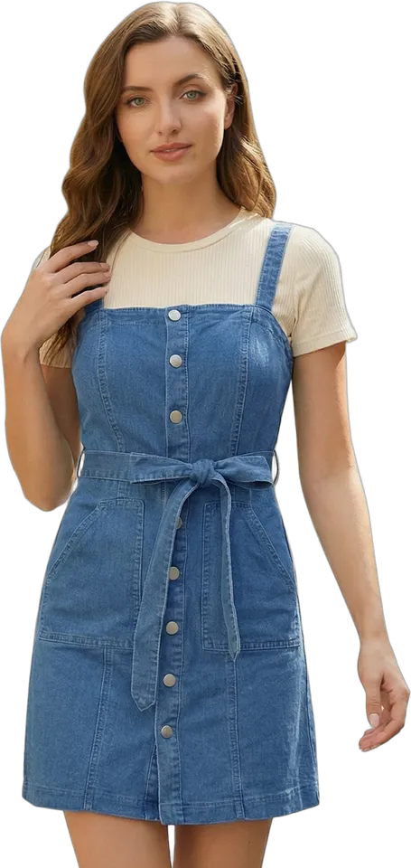 Button-front denim overall dress