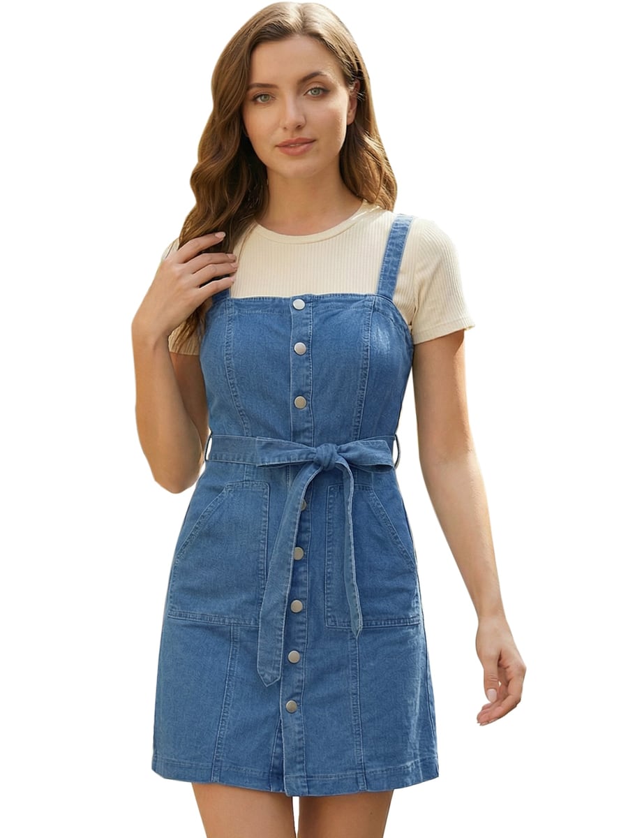 Front view, blue dress with a tie at the waist