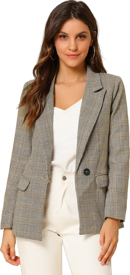 Check one-button padded shoulder blazer