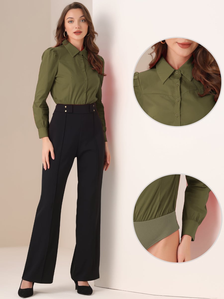 De cuerpo entero, en verde militar metida en pantalón negro ancho