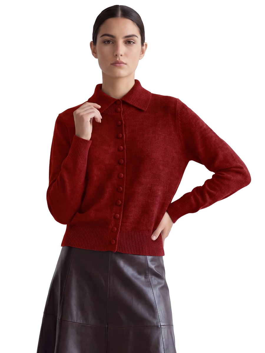 Front view, red cardigan buttoned up