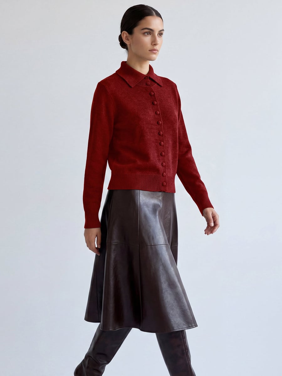 Full length, walking, with a leather skirt