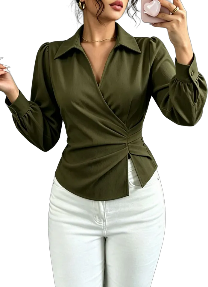 Collared faux wrap cinched waist blouse