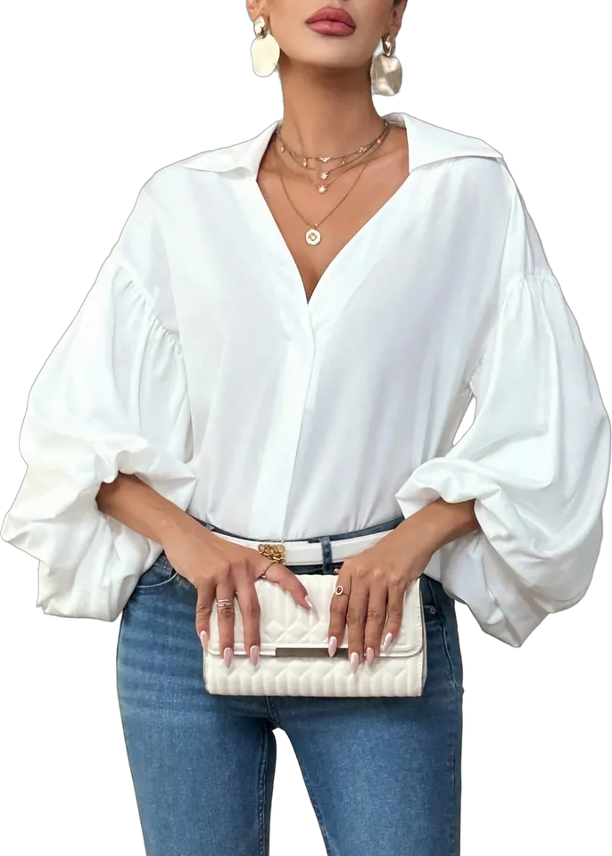 Collared V-neck balloon sleeve blouse