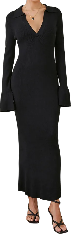 Collared V-neck rib knit maxi dress