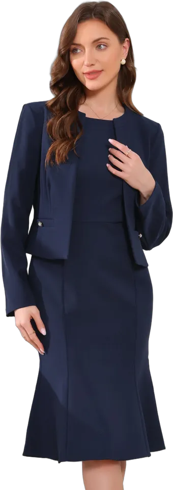 Collarless jacket and fishtail midi dress set