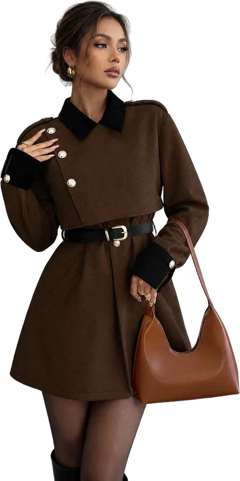 Colorblock collar belted pea coat
