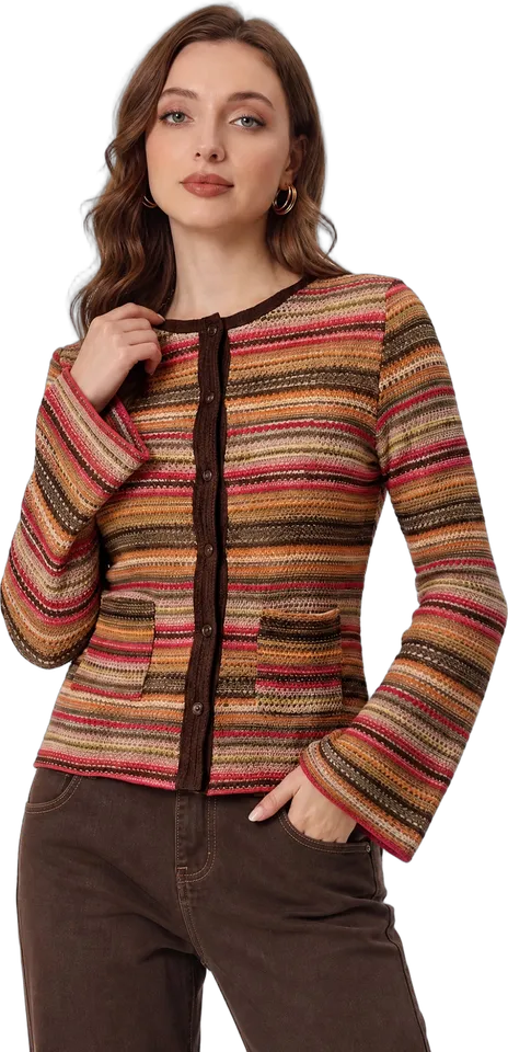 Colorblock stripe bell sleeve button knit top
