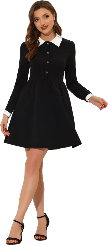 Contrast collar long sleeve flare dress