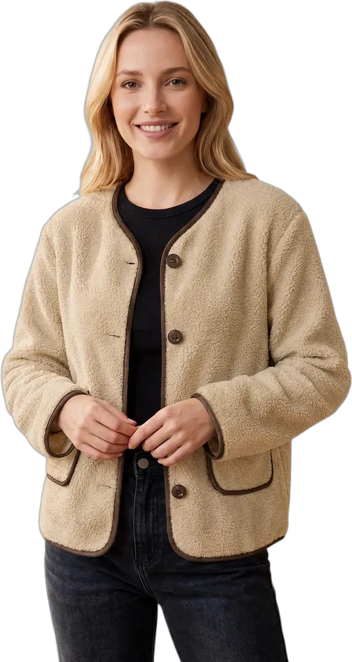 Contrast trim fleece button jacket