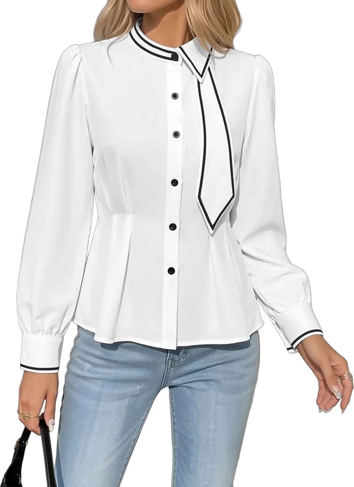 Contrast trim tie neck cinched blouse