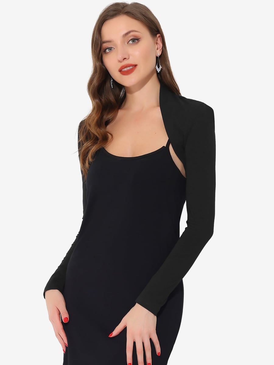 Front view in black over a black dress